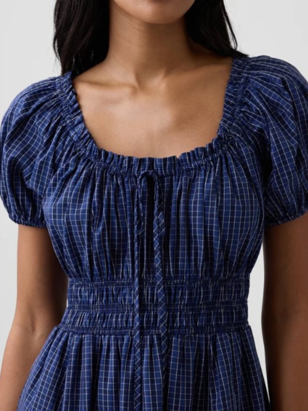 Gap Factory Puff Sleeve Maxi Dress | Blue Plaid | Size Large | Pockets